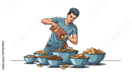 Man pouring mixed snacks into bowls vector illustration