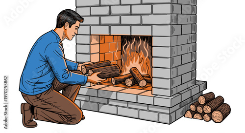 Man kneeling placing logs in brick fireplace