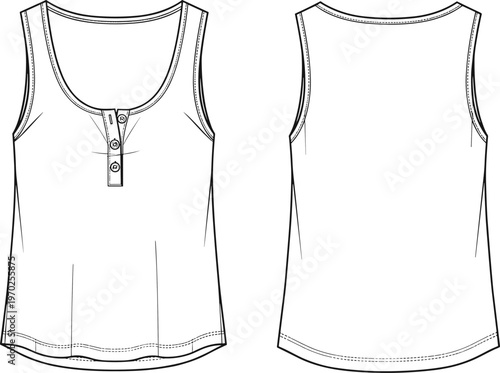 Foto Front and back view of women's sleeveless tank top with button placket, fashion