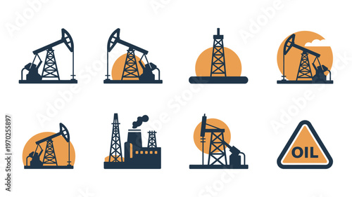 Oil industry flat icons, vector illustrations of pumpjacks, refineries, and rig equipment, clean modern design for energy, petroleum, and industrial concepts