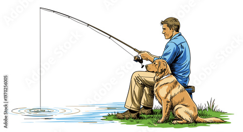 Man and dog fishing sitting on grass bank