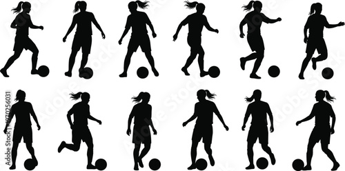 Collection of female soccer player silhouettes practicing with footballs, women athletes playing football vector icons set on white background.