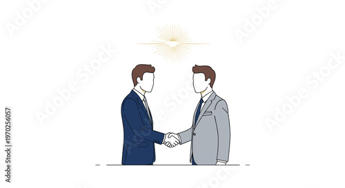 Two faceless businessmen in suits stand facing each other and shake hands beneath a bright, radiating golden light on a white background.