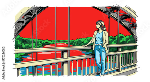 Woman standing on bridge leaning on railing