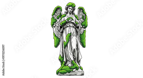 Moss-covered angel statue illustration