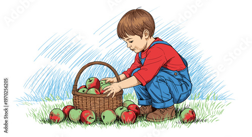 Boy kneeling picking apples placing in basket