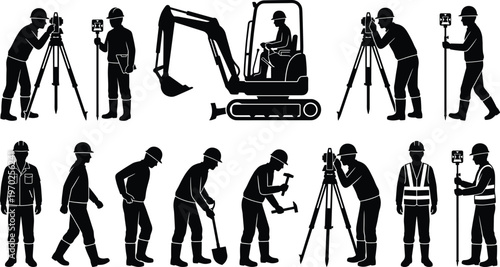 Collection of Land Surveying and Construction Silhouettes Featuring Engineers with Total Station Excavator and Workers Vector Illustration Isolated on White Background for Industry