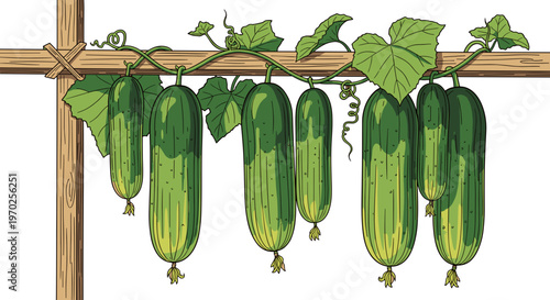Cucumbers on wooden trellis illustration