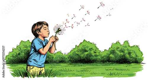 Boy blowing dandelion seeds against green bushes