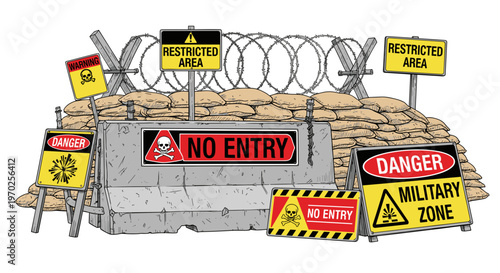 Restricted area barrier cartoon style with warning signs 
