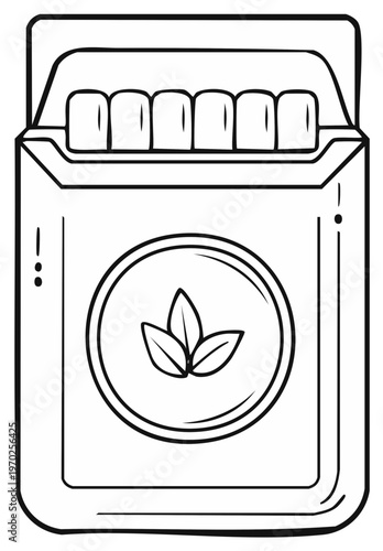 Hand drawn illustration of an open cigarette pack with leaf symbol and six cigarettes inside