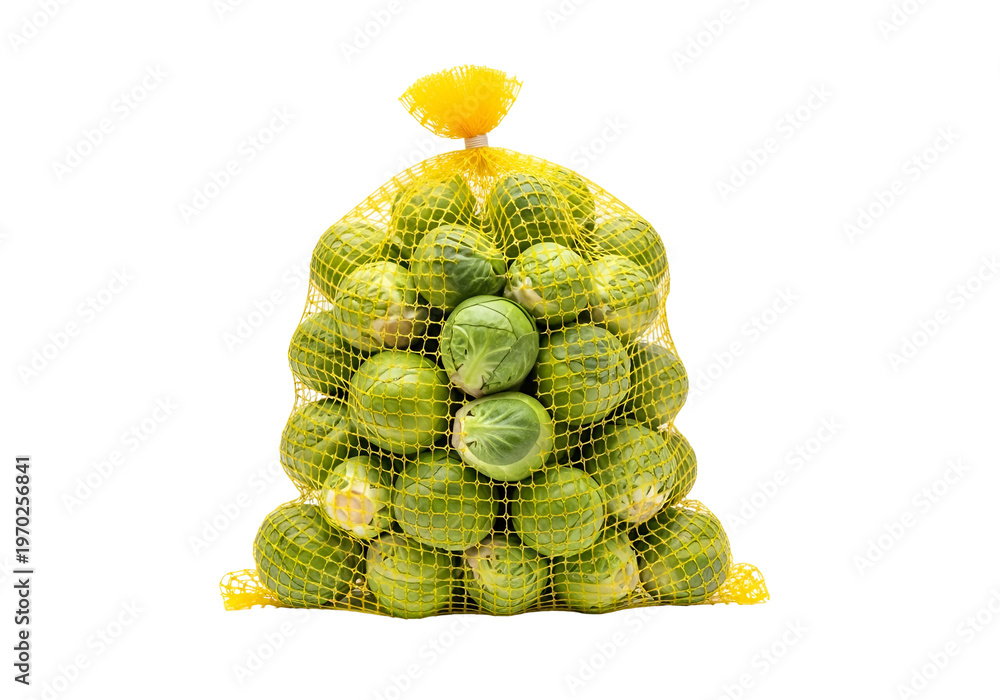 Fototapeta premium A vibrant display of fresh brussels sprouts nestled within a bright yellow mesh bag against a stark black background.