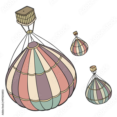 A whimsical illustration depicts three colorful hot air balloons of varying sizes against a clean white background high quality professional