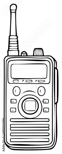 Handheld portable radio communication device with antenna and buttons, line art illustration.