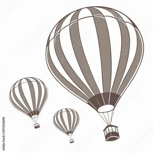 A sketch depicts three hot air balloons of varying sizes ascending against a plain neutral background high quality professional detailed