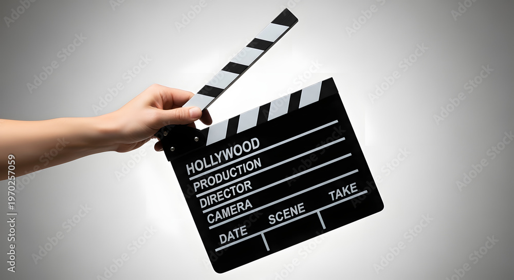 Naklejka premium A hand holding a black Hollywood clapperboard in front of a gray background