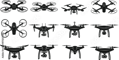 Detailed collection of black drone silhouettes with cameras featuring various multicopter and quadcopter designs isolated on white background for technology and aerial photography