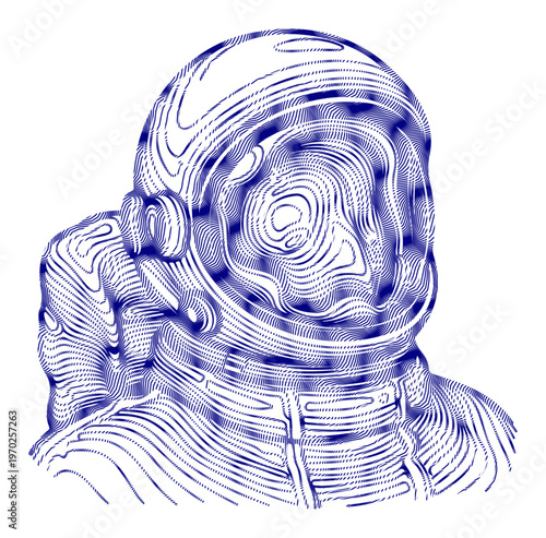 Astronaut in a stylized blue line drawing, reaching out with a sense of wonder.
