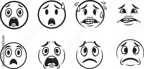 Collection of Hand-Drawn Emoticon Faces Expressing Fear and Anxiety Isolated on White Background Line Art Style