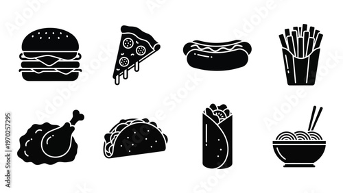 A collection of fast food items including burgers pizza and fried chicken presented as a black silhouette high quality professional detailed