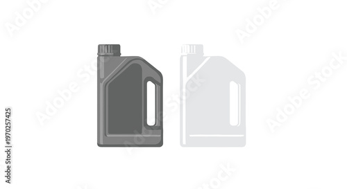 A pair of plastic motor oil canisters in contrasting black and white colors stands side by side with integrated handles and screw-top lids on white.