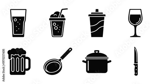 A collection of black silhouette icons depicting beverages cookware and utensils against a white background silhouette high quality professional detailed modern