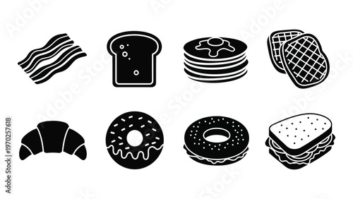 A collection of breakfast foods is presented in a minimalist black and white style silhouette high quality professional detailed modern elegant