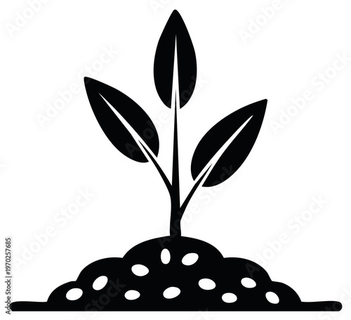Stylized silhouette of a young plant sprouting from fertile soil with small stones.