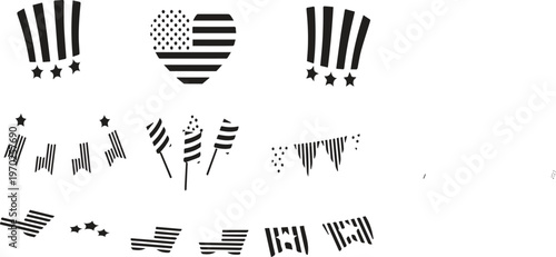 American flag icons, patriotic symbols, USA graphics, black and white illustrations