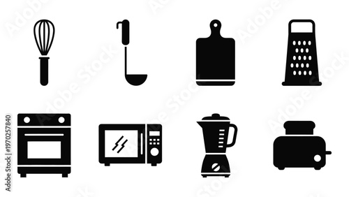 A collection of black kitchen tools and appliances depicted as simple solid shapes presented as a silhouette high quality professional detailed