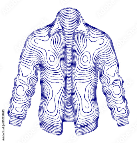 Abstract blue contour lines form a stylish collared shirt on a white background.