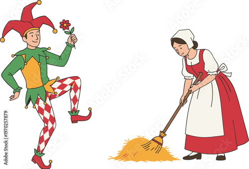 Vector illustration of jester and maid characters in traditional costumes performing playful and domestic activities