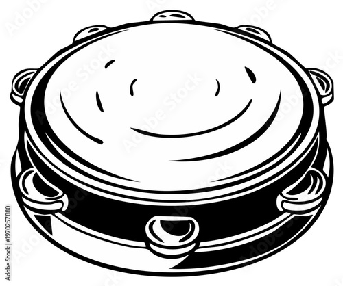 Tambourine illustration, musical instrument, outline drawing, black and white