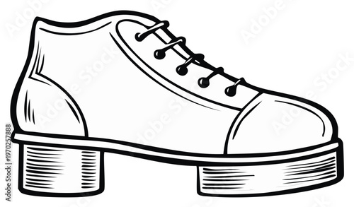 Black and White Shoe Illustration with Thick Sole and Laces on White