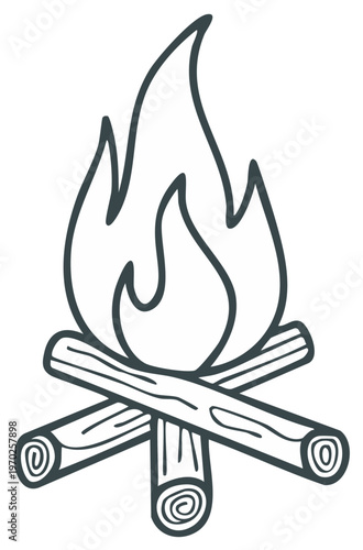 Cartoon campfire illustration, blazing bonfire, warm firelight, camping element, outdoor adventure, flame outlines.