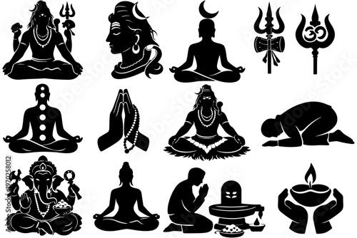Indian Spiritual Icons Black Vector Illustration