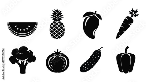 A collection of various fruits and vegetables depicted in a stark black graphic style silhouette high quality professional detailed modern elegant