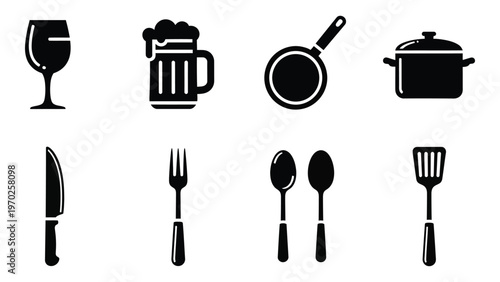 A collection of black silhouettes depicting kitchenware including glasses cookware and utensils in a stark style silhouette high quality professional detailed