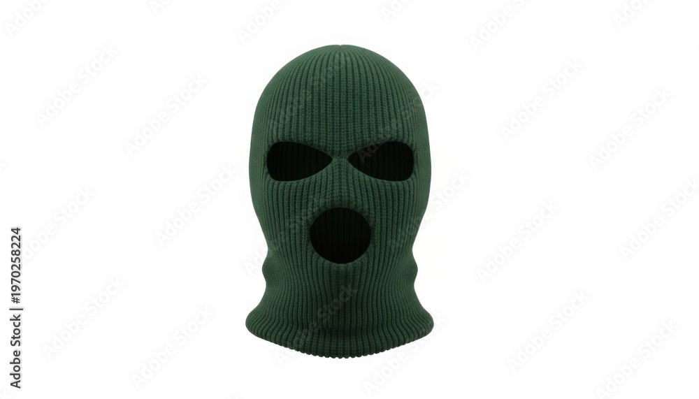 Fototapeta premium Green knit balaclava mask with eye and mouth openings on white background