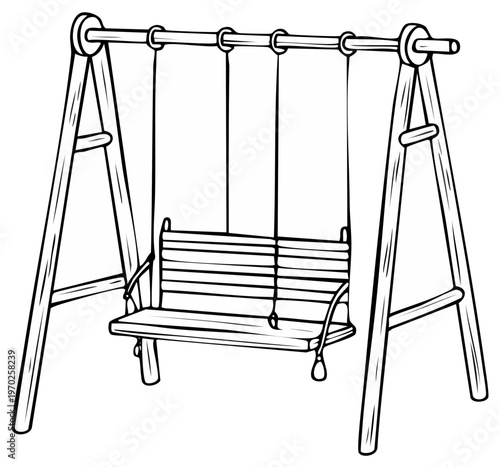 Detailed Line Art Illustration of a Classic Wooden Swing Set for Playground or Backyard Fun