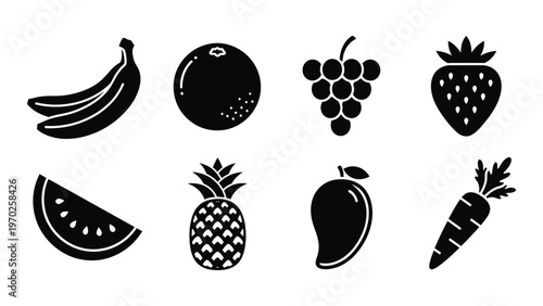 A collection of diverse fruits and vegetables depicted in a minimalist black style silhouette high quality professional detailed modern elegant stylish