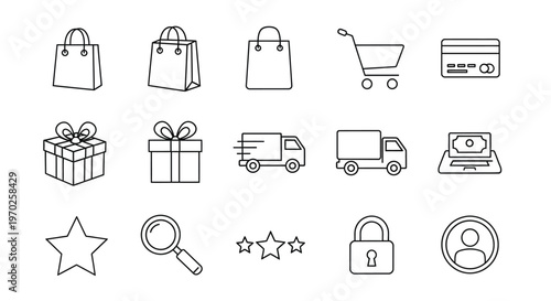 Shopping and delivery icons bags gifts trucks and payment methods shown