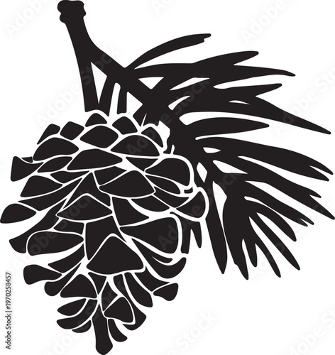 Black silhouette of a pine cone with needles on a branch