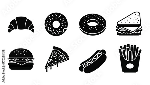 A collection of popular fast food items including pastries burgers and pizza presented as a black silhouette high quality professional detailed
