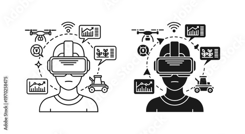 Smart agriculture virtual reality vector icons, farmer using VR headset for precision farming, digital agritech drone and tractor automation symbols