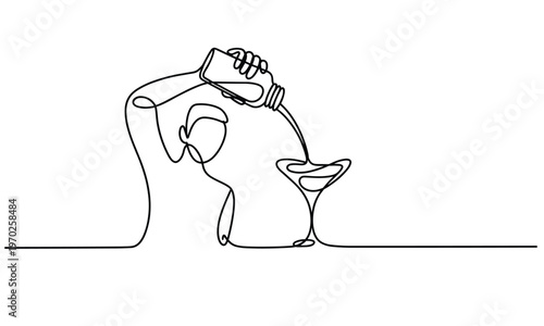 Bartender Pouring Drink Into Martini Glass Continuous Line Drawing.
