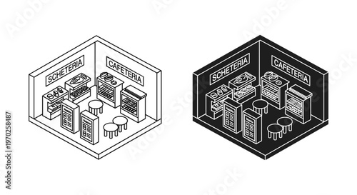 Isometric cafeteria interior vector set, modern coffee shop room with furniture and equipment, black and white cafe outline icons for architectural planning