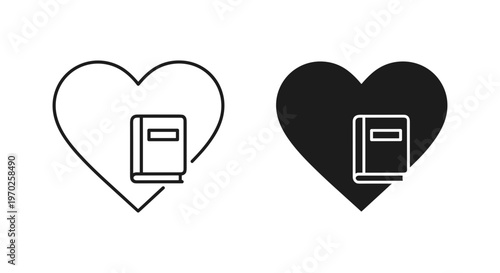 Minimalist book and heart icon set, black outline and solid silhouette symbols for reading lovers, literary education and library vector graphics