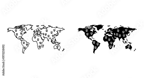 Minimalist world map vector set, black and white global continents with location pin icons, simple earth outline and solid silhouette graphics