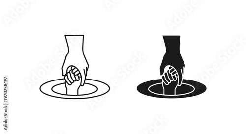 Helping hand reaching into a hole icon set, support and rescue concept vector, black and white outline and silhouette symbols for charity and assistance